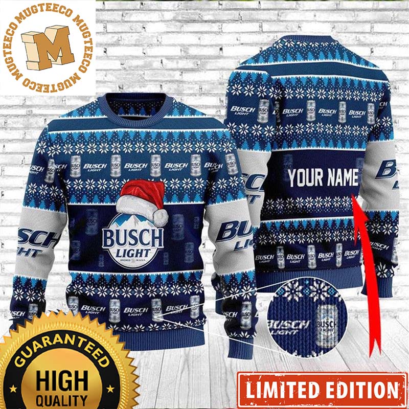 Busch Light Beer Santa Hat Personalized Knitting Black And Blue Christmas Ugly Sweater Busch Light Beer Santa Hat Personalized Knitting Black And Blue Christmas Ugly Sweater