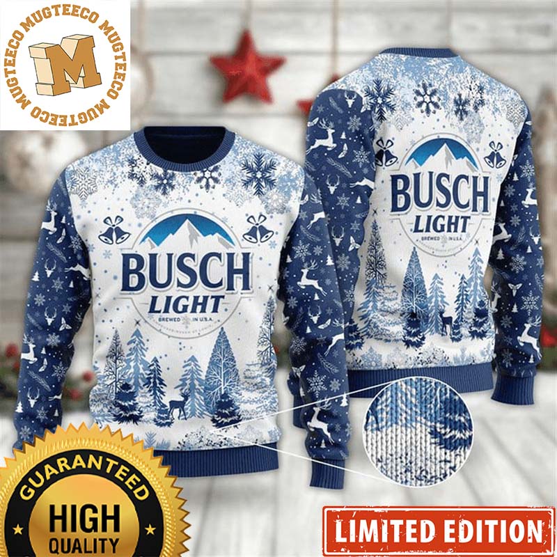 Busch Light Big Logo With Pine Tree Pattern Snowy Night Christmas Ugly Christmas Sweater Busch Light Big Logo With Pine Tree Pattern Snowy Night Christmas Ugly Christmas Sweater
