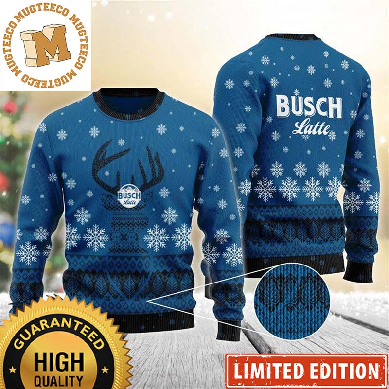 Busch Light Latte Reindeer Snowflakes Pattern Blue Christmas Ugly Sweater Busch Light Latte Reindeer Snowflakes Pattern Blue Christmas Ugly Sweater