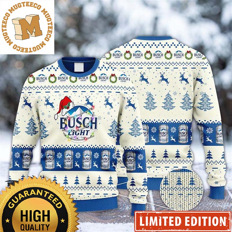 Busch Light Logo With Sân Hat Reindeer Snowy Night White Holiday Ugly Sweater Busch Light Logo With Sân Hat Reindeer Snowy Night White Holiday Ugly Sweater