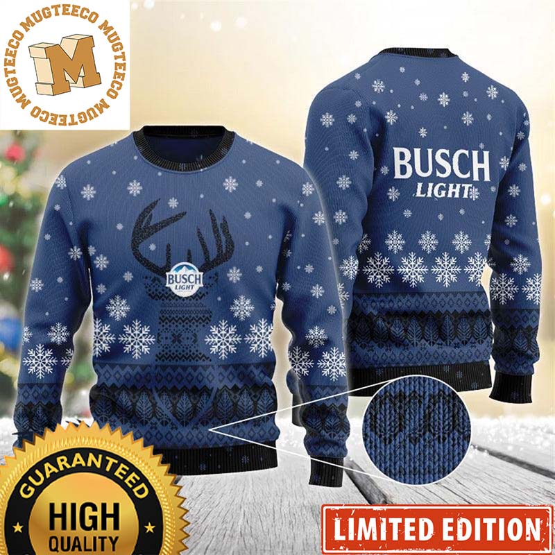 Busch Light Reindeer Blue Snowy Night Holiday Ugly Sweater 2023 Busch Light Reindeer Blue Snowy Night Holiday Ugly Sweater 2023