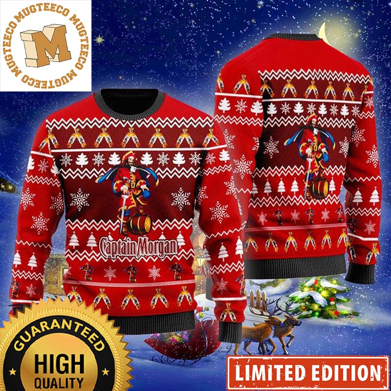 Captain Morgan Rum Christmas Cheers Signature Red With Snowflakes Knitting Pattern Holiday Ugly Sweater Captain Morgan Rum Christmas Cheers Signature Red With Snowflakes Knitting Pattern Holiday Ugly Sweater