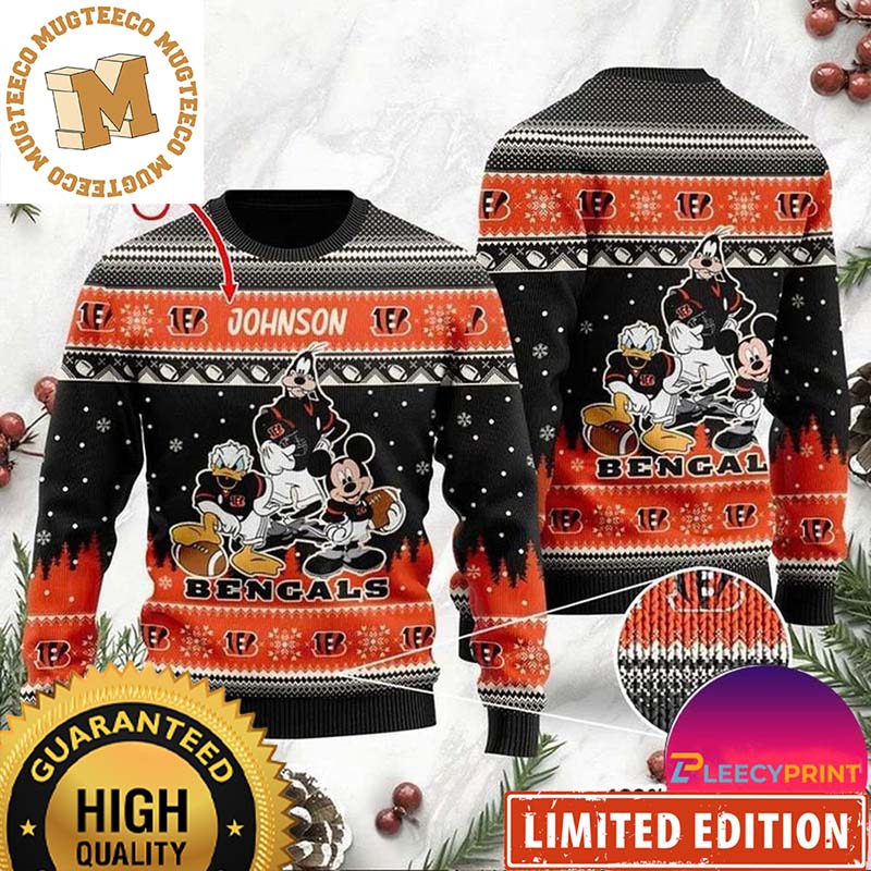 Cincinnati Bengals Christmas Disney Mickey Mouse Donald Duck And Goofy NFL Team Funny Ugly Christmas Sweater Cincinnati Bengals Christmas Disney Mickey Mouse Donald Duck And Goofy NFL Team Funny Ugly Christmas Sweater