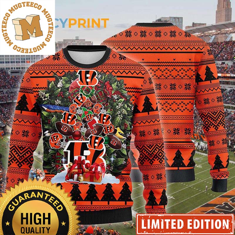 Cincinnati Bengals Christmas Wreath Pine Tree Shape Ugly Sweater Cincinnati Bengals Christmas Wreath Pine Tree Shape Ugly Sweater
