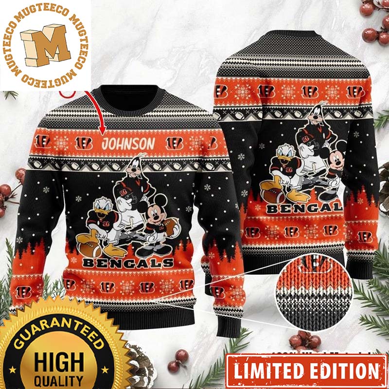 Cincinnati Bengals Donald Mickey Goofy Disney Player Funny NFL Ugly Christmas Sweater Cincinnati Bengals Donald Mickey Goofy Disney Player Funny NFL Ugly Christmas Sweater
