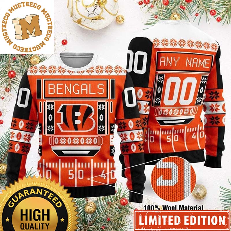 Cincinnati Bengals Fooball Field Custom Name And Number Ugly Christmas Sweater Cincinnati Bengals Fooball Field Custom Name And Number Ugly Christmas Sweater
