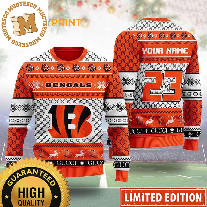 Cincinnati Bengals Gucci Pattern Custom Name And Number Ugly Christmas Sweater Cincinnati Bengals Gucci Pattern Custom Name And Number Ugly Christmas Sweater