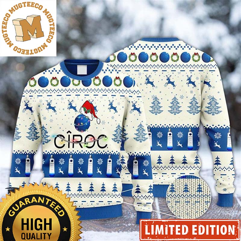 Ciroc Vodka Christmas Lights And Santa Hat Reindeer Snowy Night Knitting Pattern White And Blue Holiday Ugly Sweater Ciroc Vodka Christmas Lights And Santa Hat Reindeer Snowy Night Knitting Pattern White And Blue Holiday Ugly Sweater