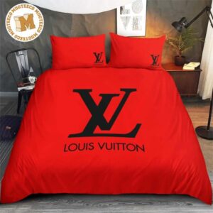 Classic Louis Vuitton Big Logo In Basic Red Background Bedding Set Queen Size