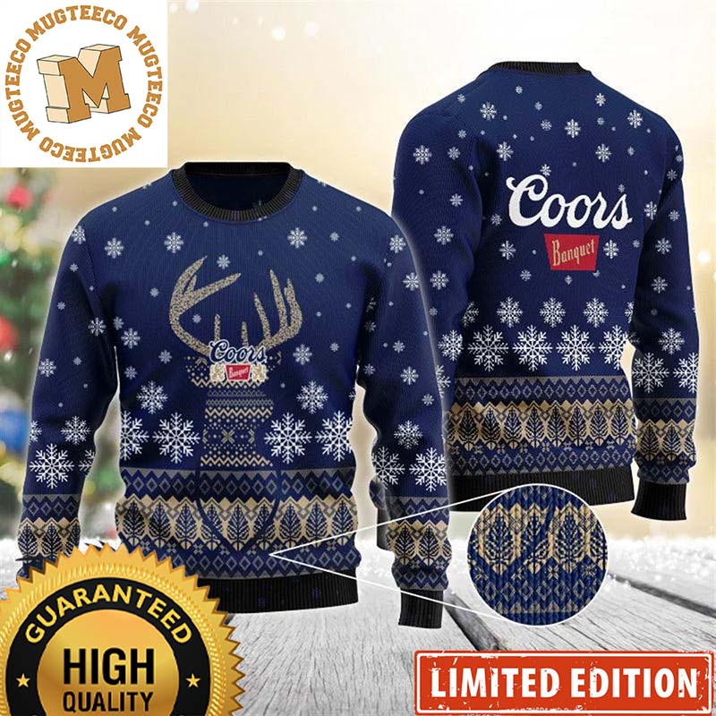 Coors Light Banquet Reindeer Snowflakes Christmas Knitting Pattern Blue Holiday Ugly Sweater Coors Light Banquet Reindeer Snowflakes Christmas Knitting Pattern Blue Holiday Ugly Sweater