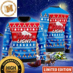 Coors Light Beer Big Logo Christmas Cheers With Snowflakes And Pine Tree Red And Blue Holiday Ugly Sweater 2023