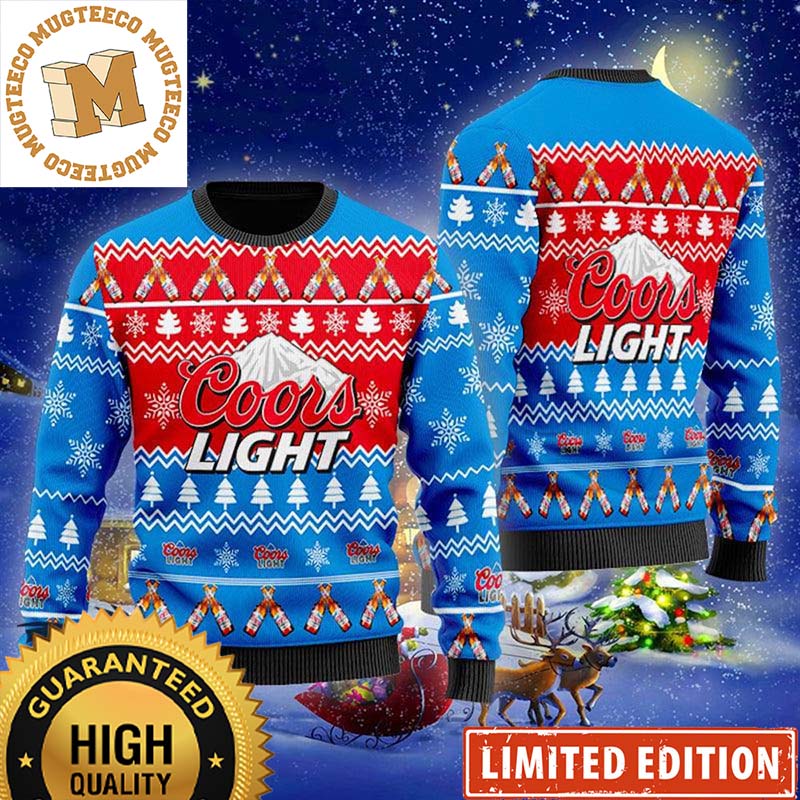 Coors Light Beer Big Logo Christmas Cheers With Snowflakes And Pine Tree Red And Blue Holiday Ugly Sweater 2023 Coors Light Beer Big Logo Christmas Cheers With Snowflakes And Pine Tree Red And Blue Holiday Ugly Sweater 2023