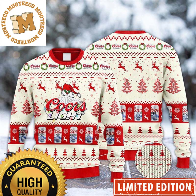 Coors Light Beer With Santa Hat Reindeer Snowy Night White And Red Holiday Ugly Sweater 2023 Coors Light Beer With Santa Hat Reindeer Snowy Night White And Red Holiday Ugly Sweater 2023