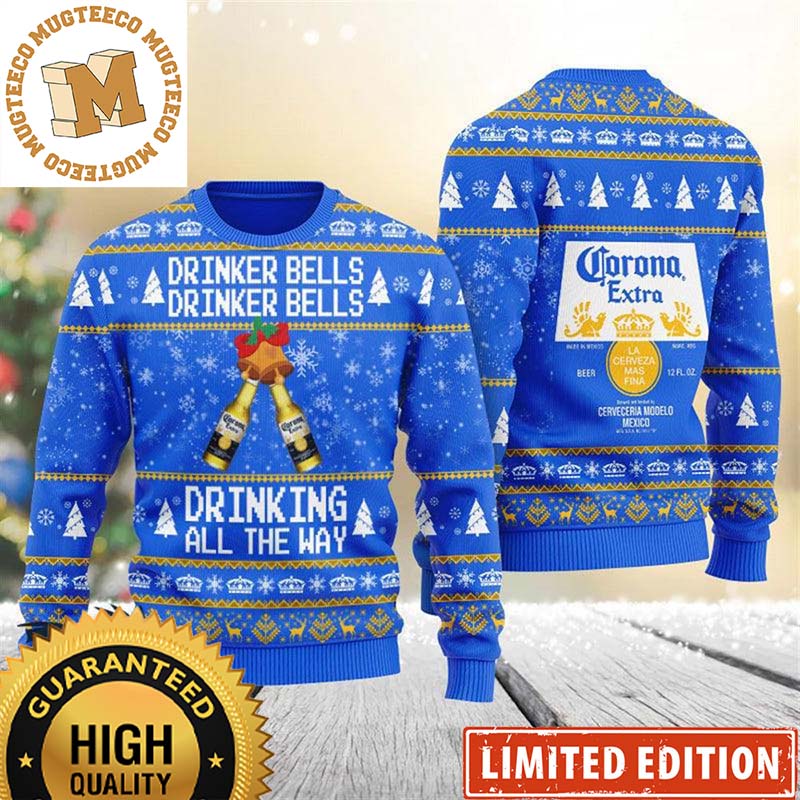 Corona Beer Cheers Drinker Bells Drinking All The Way Blue Funny Christmas Ugly Sweater Corona Beer Cheers Drinker Bells Drinking All The Way Blue Funny Christmas Ugly Sweater