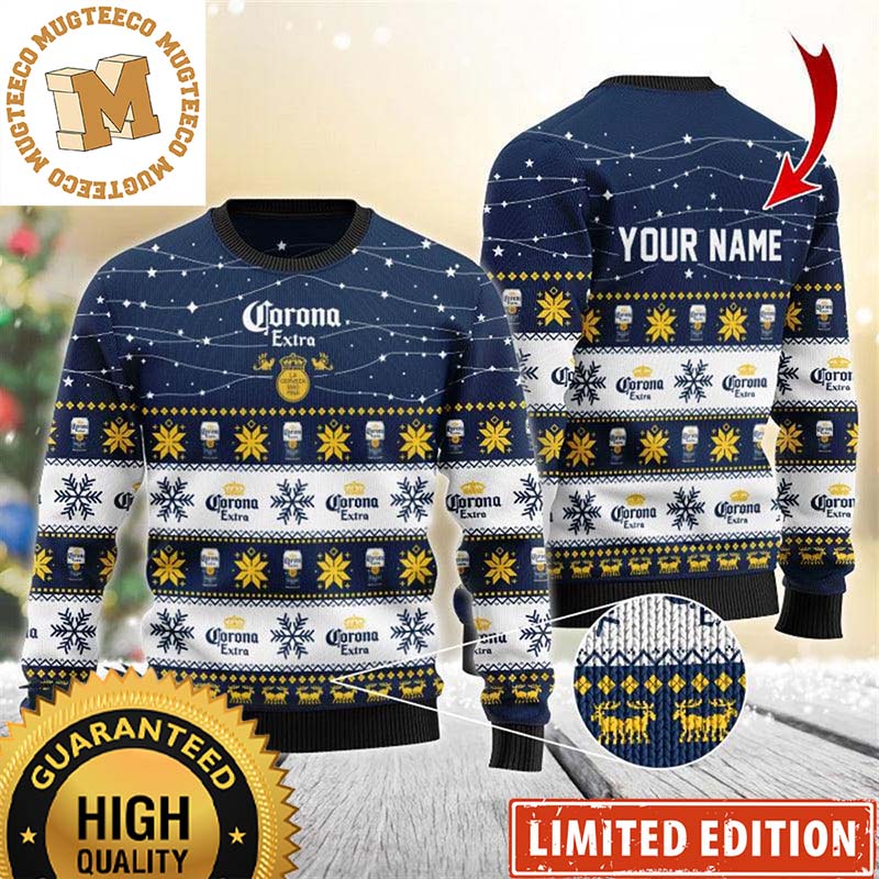Corona Extra Beer Personalized Christmas Twinkle Lights Snowflakes Knitting Blue Holiday Ugly Sweater Corona Extra Beer Personalized Christmas Twinkle Lights Snowflakes Knitting Blue Holiday Ugly Sweater