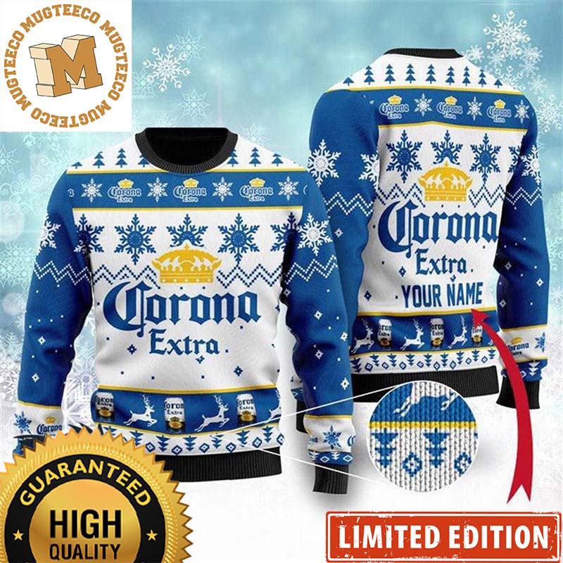 Corona Extra Beer Snowflakes Reindeer Knitting Personalized White And Blue Christmas Ugly Sweater Corona Extra Beer Snowflakes Reindeer Knitting Personalized White And Blue Christmas Ugly Sweater
