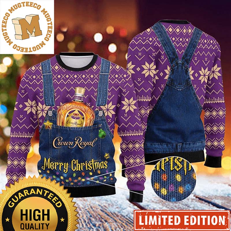 Crown Royal Whiskey Merry Christmas Denim Overalls Effect Knitting Christmas Ugly Sweater Crown Royal Whiskey Merry Christmas Denim Overalls Effect Knitting Christmas Ugly Sweater