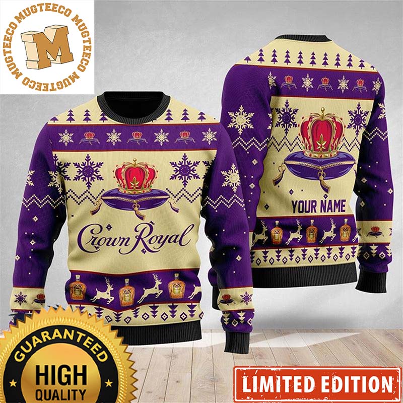 Crown Royal Whiskey Snowflakes Reindeer Knittng Personalized Purple And Beige Christmas Ugly Sweater Crown Royal Whiskey Snowflakes Reindeer Knittng Personalized Purple And Beige Christmas Ugly Sweater