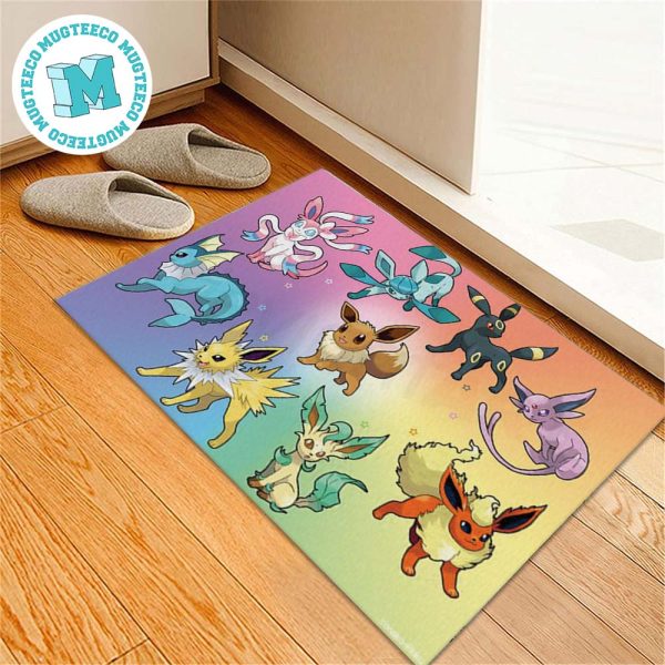 Cute Eevee All Forms Evolution In Radiant Background Colorful Pokemon Doormat For Home Decorations