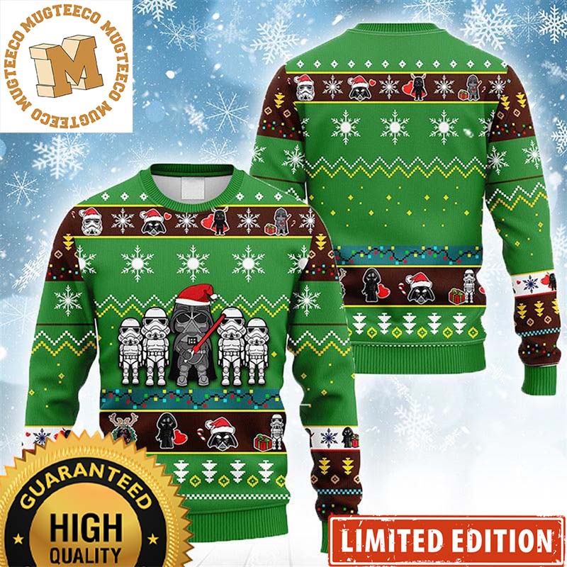 Darth Vader And Strormtrooper Emperor Cute Lined Up With Snowflakes Knitting Pattern Green Christmas Ugly Sweater Darth Vader And Strormtrooper Emperor Cute Lined Up With Snowflakes Knitting Pattern Green Christmas Ugly Sweater