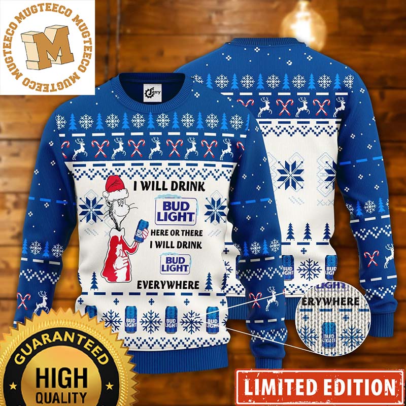Dr. Seuss I Will Drink Bud Light Here Or There Everywhere White And Blue Christmas Ugly Sweater 2023 Dr. Seuss I Will Drink Bud Light Here Or There Everywhere White And Blue Christmas Ugly Sweater 2023