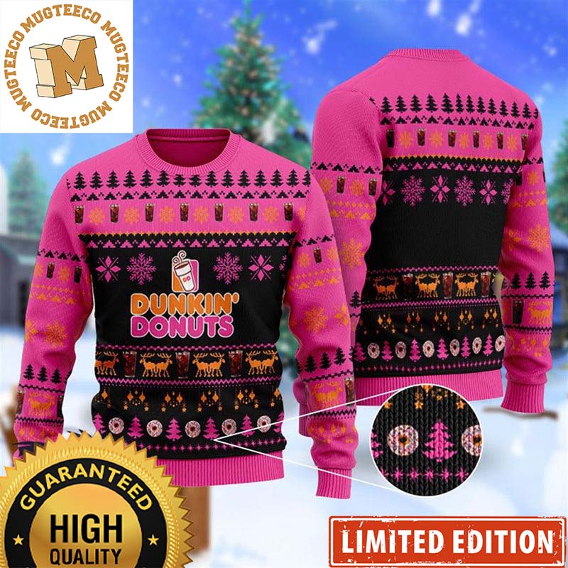 Dunkin Donuts Big Logo Christmas Scenes Cute Pink And Black Christmas Ugly Sweater Dunkin Donuts Big Logo Christmas Scenes Cute Pink And Black Christmas Ugly Sweater