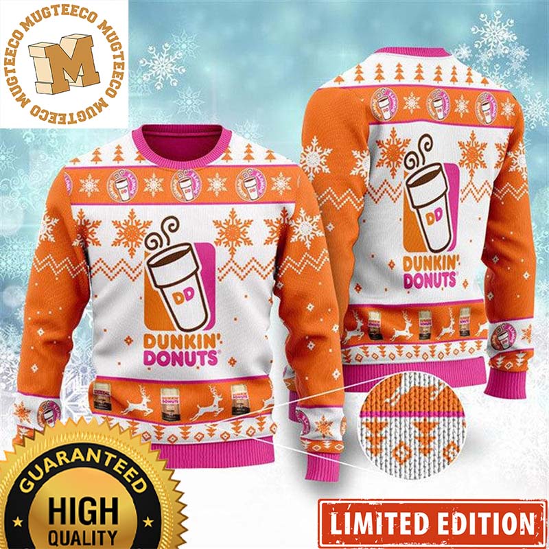 Dunkin Donuts Big Logo Snowflakes And Reindeer Knitting Pattern In Orange And White Christmas Ugly Sweater Dunkin Donuts Big Logo Snowflakes And Reindeer Knitting Pattern In Orange And White Christmas Ugly Sweater
