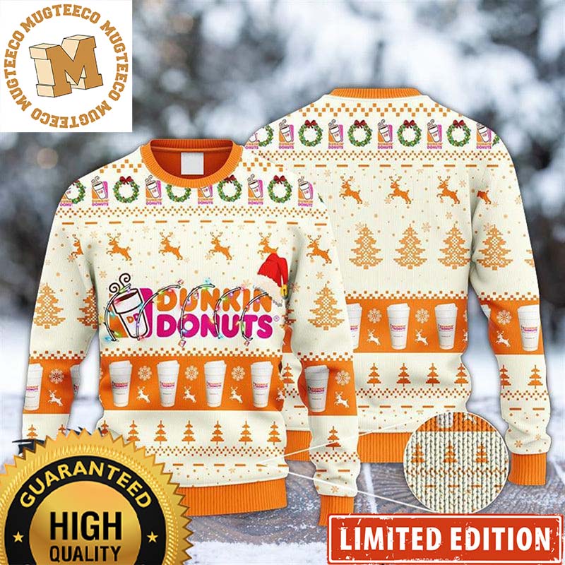 Dunkin Donuts With Christmas Lights And Santa Hat Reindeer Snowy Night Orange And Beige Holiday Ugly Sweater Dunkin Donuts With Christmas Lights And Santa Hat Reindeer Snowy Night Orange And Beige Holiday Ugly Sweater