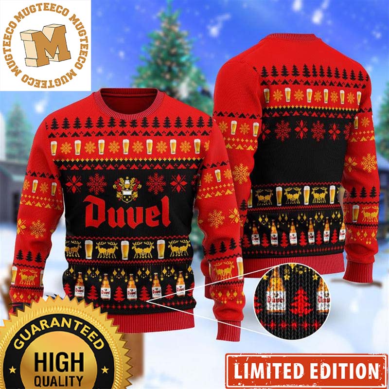 Duvel Beer Big Logo Christmas Scenes Snowflakes Pattern Red And Black Holiday Ugly Sweater Duvel Beer Big Logo Christmas Scenes Snowflakes Pattern Red And Black Holiday Ugly Sweater