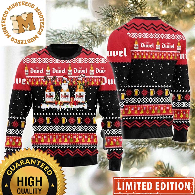 Duvel Beer Bottles In Santa Reindeer And Snow Man Costumes Snowflake Knitting Pattern Christmas Ugly Sweater Duvel Beer Bottles In Santa Reindeer And Snow Man Costumes Snowflake Knitting Pattern Christmas Ugly Sweater
