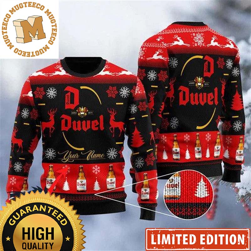 Duvel Beer Logo Reindeer Personalized Black And Red Christmas Ugly Sweater Duvel Beer Logo Reindeer Personalized Black And Red Christmas Ugly Sweater