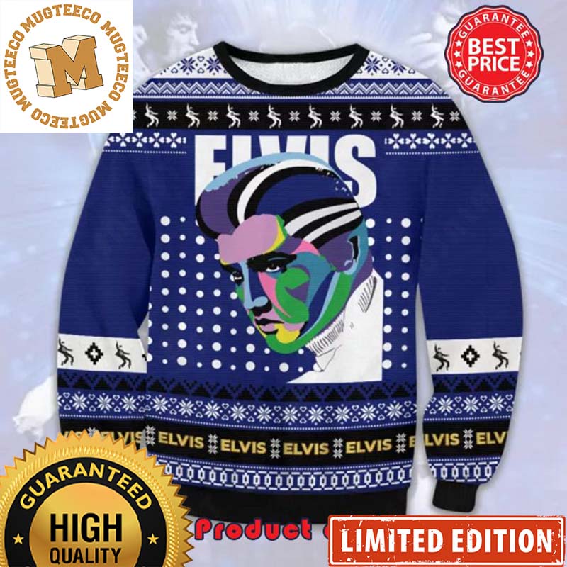 Elvis Presley Artwork Reindeer Snowflake Blue Ugly Christmas Sweater Elvis Presley Artwork Reindeer Snowflake Blue Ugly Christmas Sweater