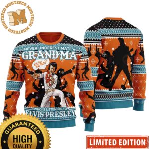 Elvis Presley Never Underestimate A Grandma Who Listening Orange Ugly Christmas Sweater 2023