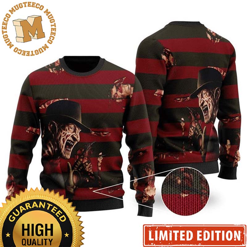 Freddy Krueger Horror Signature Red And Green Stripes Christmas Ugly Sweater Freddy Krueger Horror Signature Red And Green Stripes Christmas Ugly Sweater