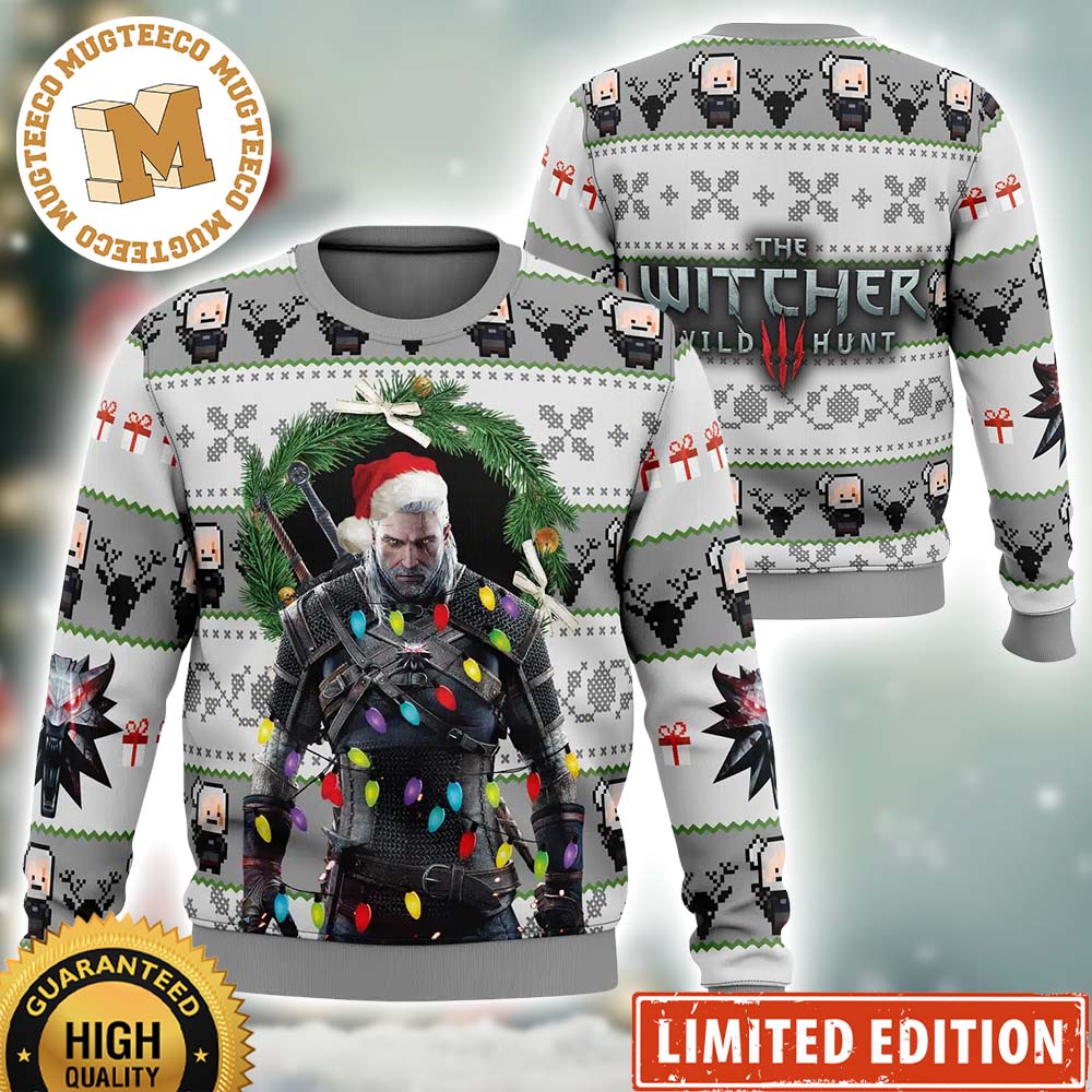 Geralt of Rivia The Witcher Wild Hunt Christmas Vibe Santa Hat And Lights Ugly Christmas Sweater Geralt of Rivia The Witcher Wild Hunt Christmas Vibe Santa Hat And Lights Ugly Christmas Sweater