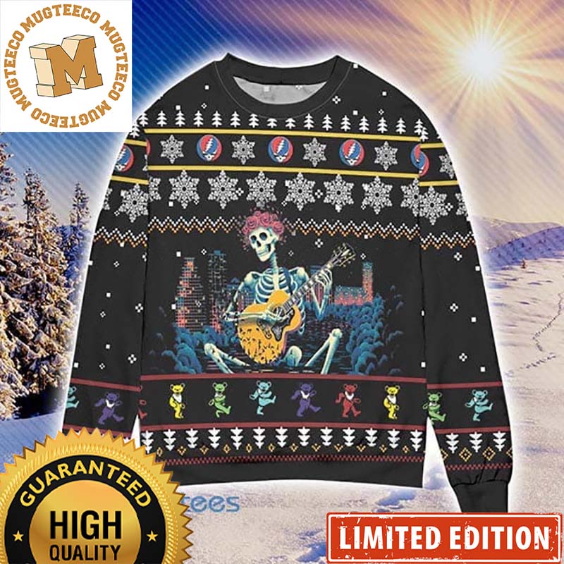 Grateful Dead Skeleton Playing Guitar Snowy Night Ugly Christmas Sweater 2023 Grateful Dead Skeleton Playing Guitar Snowy Night Ugly Christmas Sweater 2023
