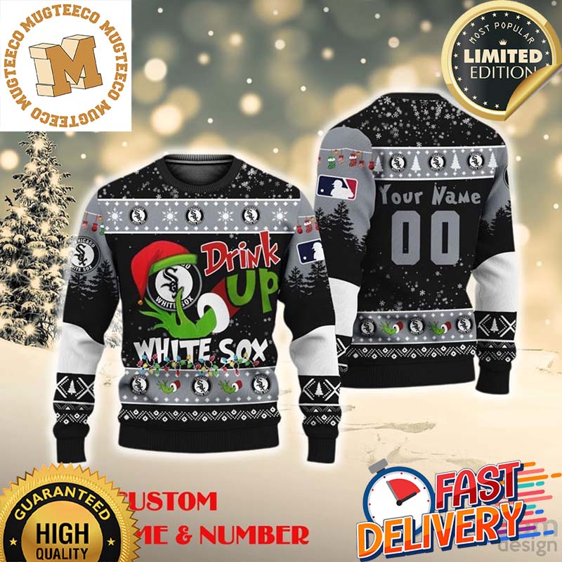 Grinch Drink Up Chicago White Sox Custom Name And Number Ugly Christmas Sweater Grinch Drink Up Chicago White Sox Custom Name And Number Ugly Christmas Sweater