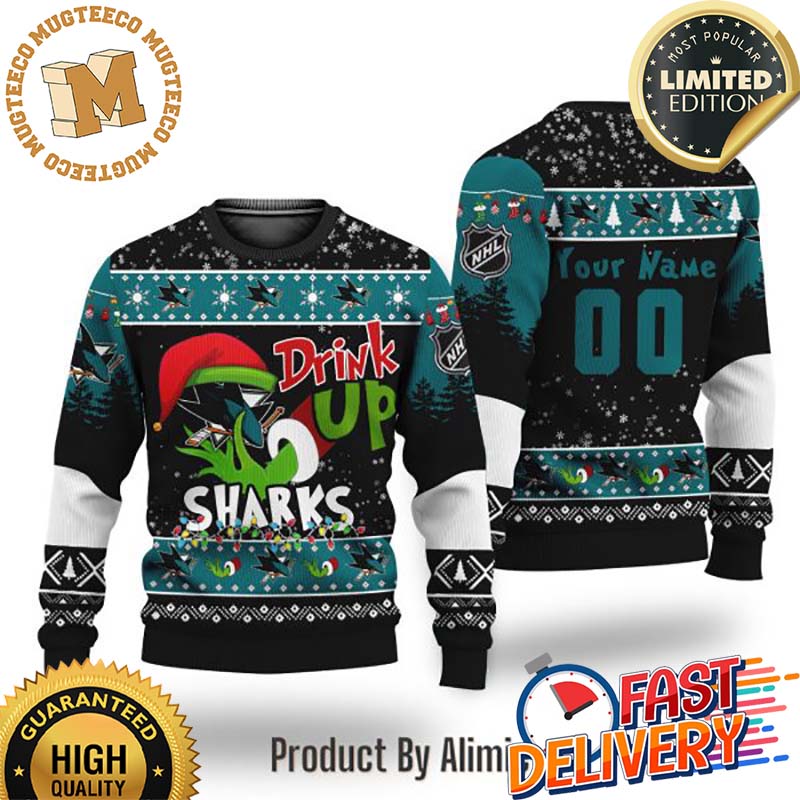 Grinch Drink Up San Jose Sharks Custom Ugly Christmas Sweater Grinch Drink Up San Jose Sharks Custom Ugly Christmas Sweater