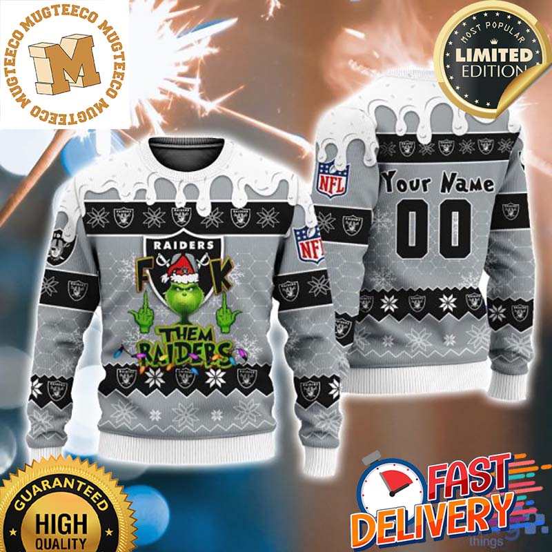 Grinch Fuck Them Las Vegas Raiders Custom Name Funny Ugly Christmas Sweater Grinch Fuck Them Las Vegas Raiders Custom Name Funny Ugly Christmas Sweater