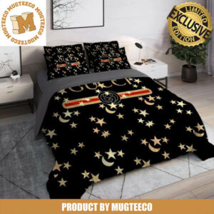 Gucci Golden Logo With Moon Star Pattern In Black Background Bedding Set Queen