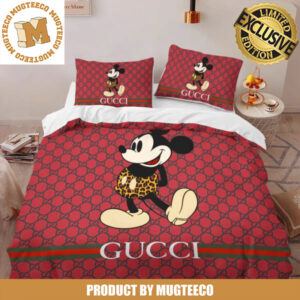 Gucci x Mickey Mouse In Leopard Print Pant In Red Monogram Background Bedding Set King