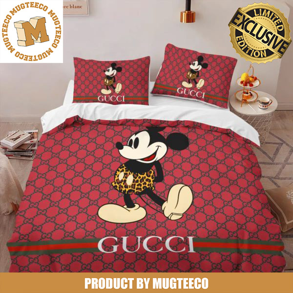 Gucci x Mickey Mouse In Leopard Print Pant In Red Monogram Background Bedding Set King Gucci x Mickey Mouse In Leopard Print Pant In Red Monogram Background Bedding Set King