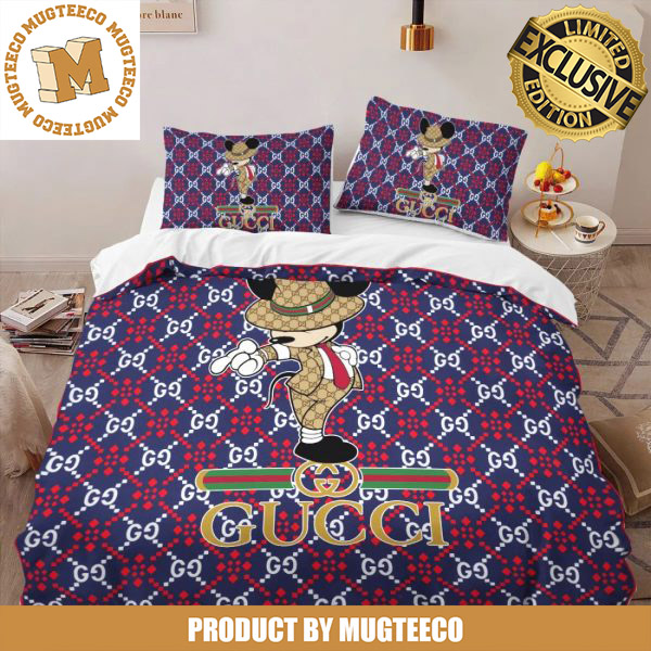 Gucci x Mickey Mouse Michael Jackson Style Signature Move In Red And Navy Monogram Background Bedding Set King Gucci x Mickey Mouse Michael Jackson Style Signature Move In Red And Navy Monogram Background Bedding Set King