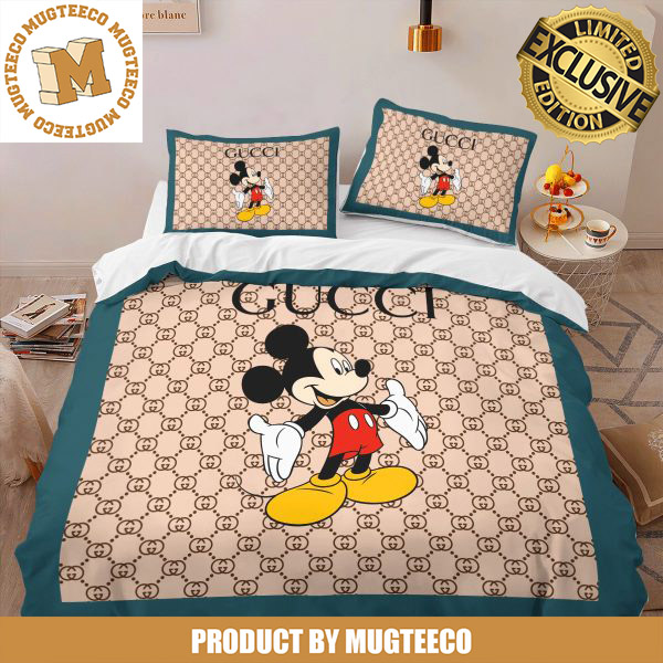 Gucci x Mickey Posing In Signature Beige Monogram Background With Blue Frame Background Bedding Set King Gucci x Mickey Posing In Signature Beige Monogram Background With Blue Frame Background Bedding Set King