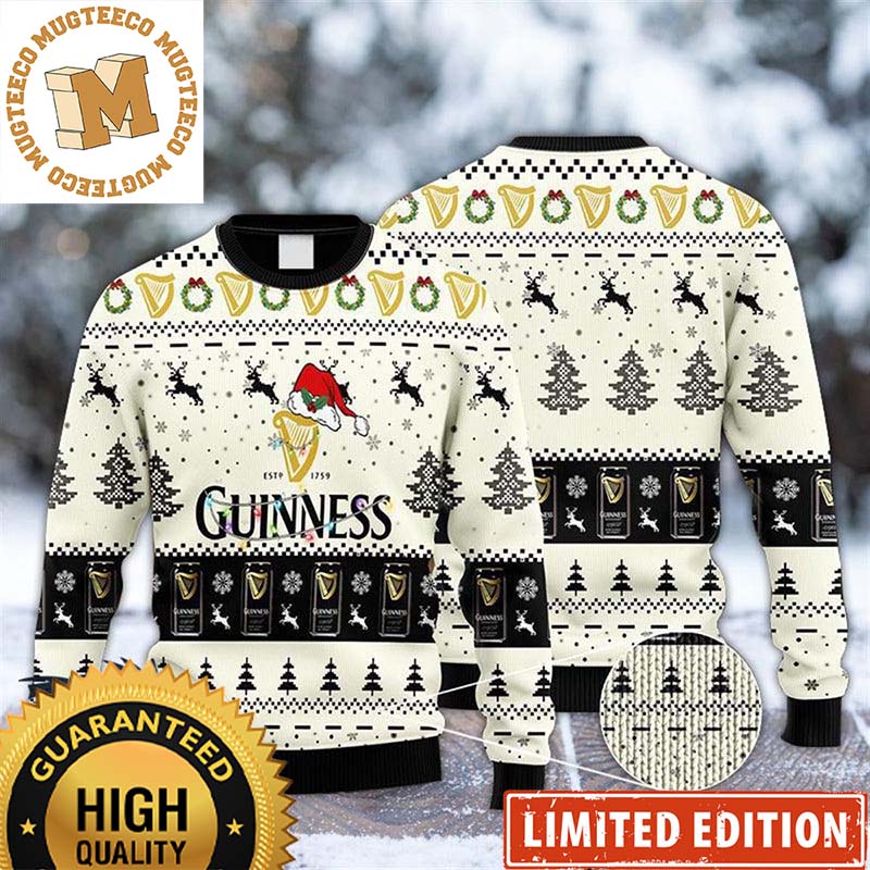 Guinness Beer Big Logo With Santa Hat Reindeer Snowy Night Christmas Ugly Sweater Guinness Beer Big Logo With Santa Hat Reindeer Snowy Night Christmas Ugly Sweater