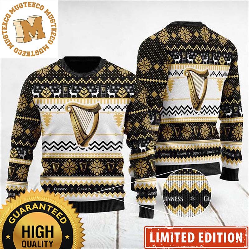 Guinness Beer Big Signature Logo Reindeer Snowflakes Knitting Black And Golden Christmas Ugly Sweater Guinness Beer Big Signature Logo Reindeer Snowflakes Knitting Black And Golden Christmas Ugly Sweater