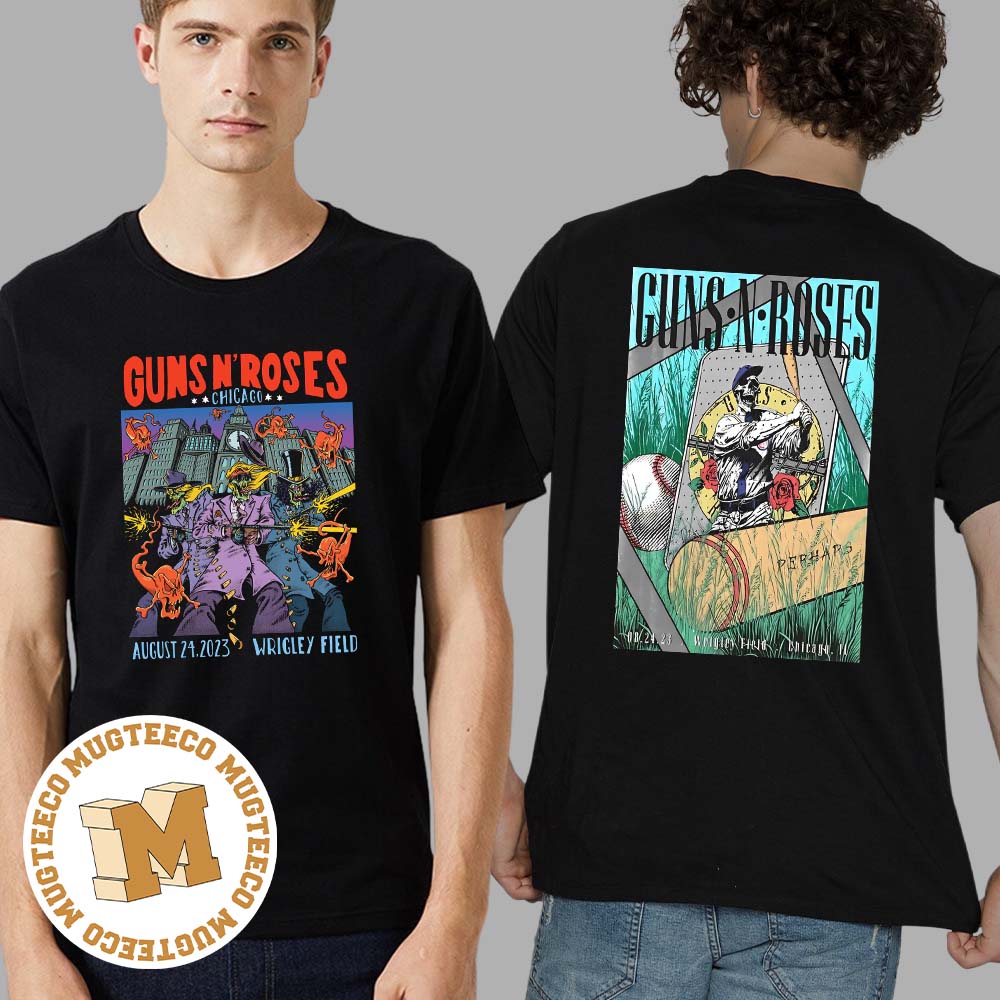Guns N Roses Chicago North America 2023 Tour Wrigley Field And Chicago Cubs Style August 24th 2023 Two Sides Print T-Shirt Guns N Roses Chicago North America 2023 Tour Wrigley Field And Chicago Cubs Style August 24th 2023 Two Sides Print T-Shirt