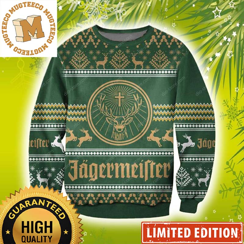 Jagermeister Big Logo In Green With Christmas Knitting Pattern Holiday Ugly Sweater Jagermeister Big Logo In Green With Christmas Knitting Pattern Holiday Ugly Sweater