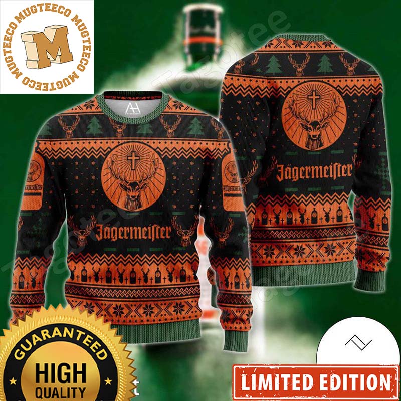 Jagermeister Big Logo Knitting Snowflakes And Pine Tree In Orange And Black Christmas Ugly Sweater Jagermeister Big Logo Knitting Snowflakes And Pine Tree In Orange And Black Christmas Ugly Sweater