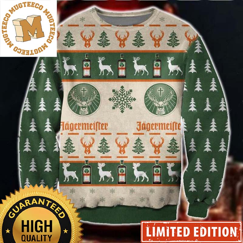 Jagermeister Liqueur Big Green Logo With Snowflakes And Deer Knitting Pattern Green And Beige Xmas Ugly Sweater 2023 Jagermeister Liqueur Big Green Logo With Snowflakes And Deer Knitting Pattern Green And Beige Xmas Ugly Sweater 2023
